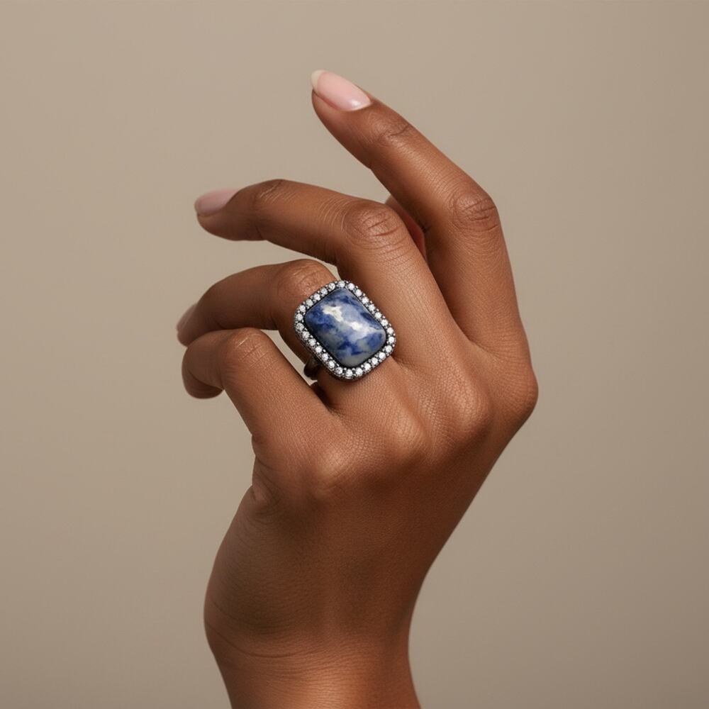Sodalite Blue Stone Ring Size 8 Statement Boho Large Natural Silver Tone